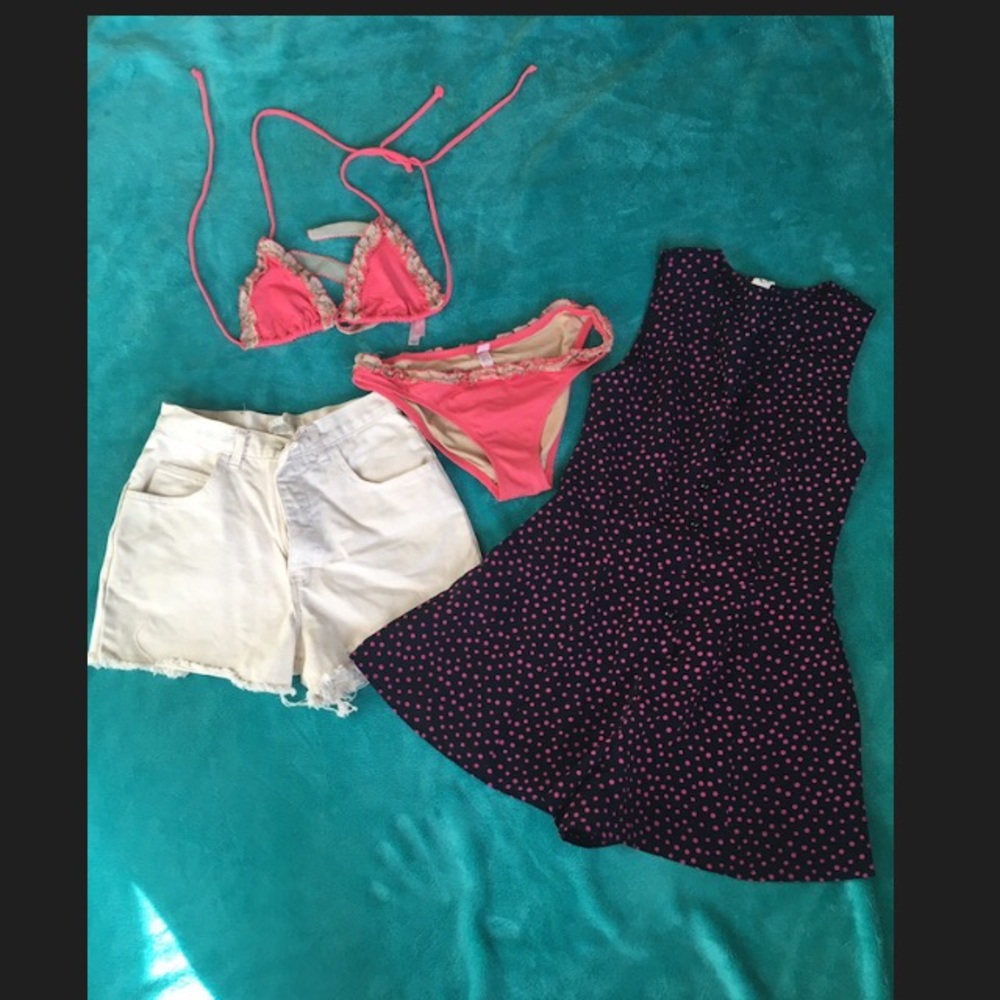 Vintage summer outfit—bikini, jumper, cutoffs